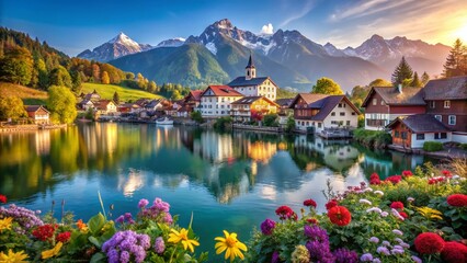 Fototapeta premium Idyllic Bavarian Lakeside Village, Alpine Mountain Scenery, Germany