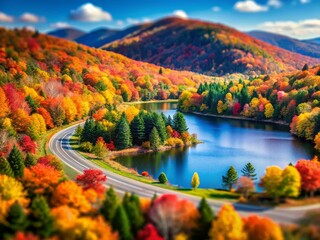 Idyllic Fall Roadside Lake with Majestic Mountain Panorama - Tilt-Shift Photography