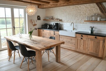 Modern kitchen with rustic wood features and elegant lighting in a cozy country home setting