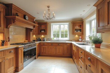 Fototapeta premium Elegant wooden kitchen with modern appliances and natural light in a cozy residential setting