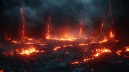 Naklejka premium Fiery landscape, volcanic eruption, dark sky, game background