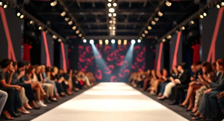Empty catwalk with lighting for fashion show with audience. Trendy style event blurred background