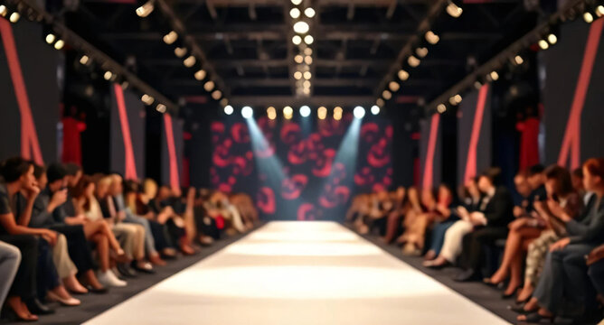 Empty catwalk with lighting for fashion show with audience. Trendy style event blurred background