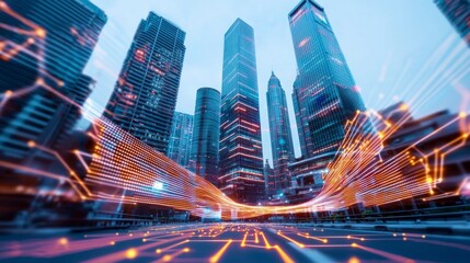 Obraz premium Futuristic Cityscape Smart City Technology Network Digital Skyscrapers Urban Modern