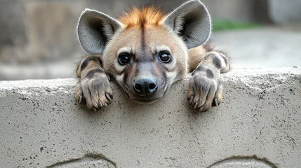 A hyena resting its head on a ledge, showcasing its playful and curious demeanor.