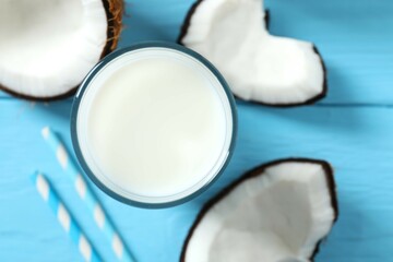 Glass of milk with coconuts on the table