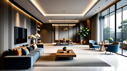 Modern Chinese style living room, super realistic rendering effect, high resolution. Interior design, decorative renderings1