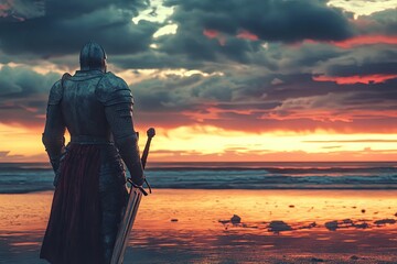 A knight standing on a beach, watching the sunset with a melancholic expression