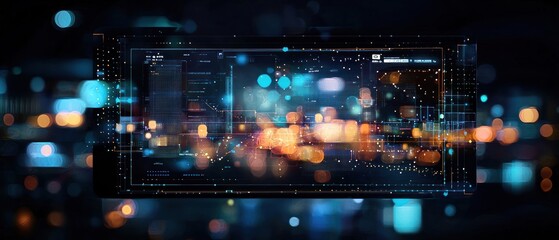 Obraz premium Abstract Digital Interface with Glowing Data Points and Bokeh Lights