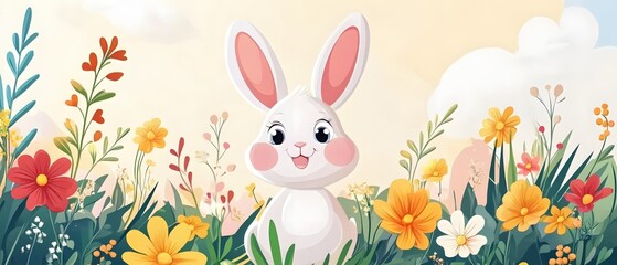 Fototapeta premium Cute White Bunny in a Colorful Flower Meadow on a Sunny Day Springtime Illustration