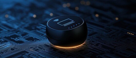 Black cylindrical device with a round base and a small screen on top. the device appears to be a wireless charging port, as indicated by the white icon on the screen.