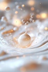 Fototapeta premium Weightless milk droplets drift in a tranquil environment, orbiting a soft light source that casts a gentle glow, creating a dreamlike, cosmic atmosphere reminiscent of a galaxy