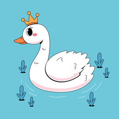 Cartoon cute white swan with crown