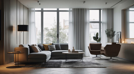 Fototapeta premium Cozy Scandinavian lounge with gray neutral sofa clean design elements and wide windows letting in natural light to create a warm and inviting atmosphere Modern Interior Design Inspiration