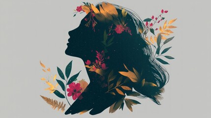 Woman Silhouette with Floral Design  Botanical Art  Feminine Illustration