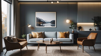 Fototapeta premium Elegant minimalist Scandinavian living lounge with a comfortable gray couch modern decor accents and large windows providing breathtaking views and natural light Modern Interior Design Inspiration