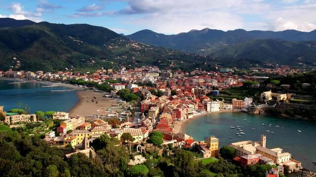Liguria region, Italy travel. beautiful town Sestri Levante. aerial panoramic view of Bay of Silence and beach
