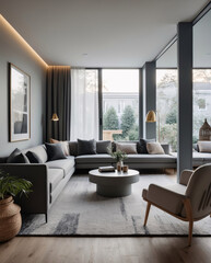 Fototapeta premium Elegant Scandinavian inspired lounge with gray neutral couch minimalist decor and expansive windows that fill the room with natural light and tranquility Modern Interior Design Inspiration
