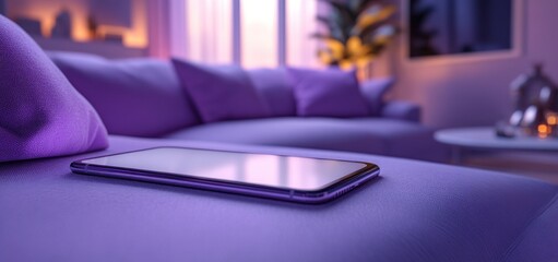 Purple Hues: Smartphone Resting on a Plush Sofa in a Serene Evening Living Room