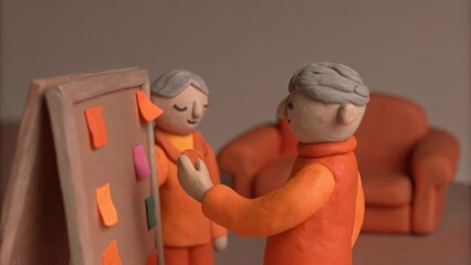 A multigenerational group of seniors brainstorming ideas on healthy aging with colorful sticky notes plastered on a whiteboard. The energy in the room is palpable as they bounce. art illustration