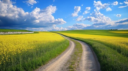 Obraz premium Winding road through yellow rapeseed field, sunny day, cloudy sky, rural landscape, nature photography