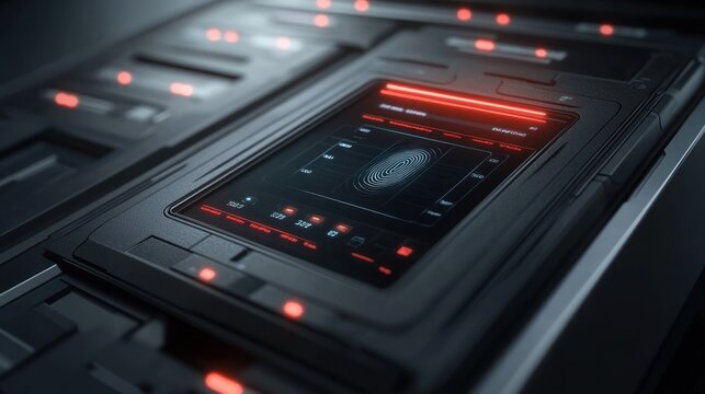 Futuristic fingerprint scan, server room, red alert