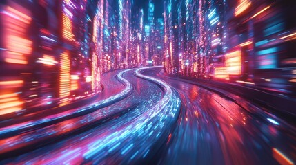Obraz premium Futuristic city highway, neon lights, speed, digital, data flow