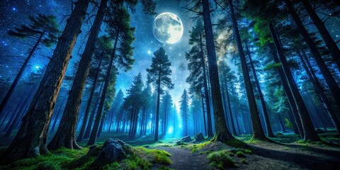 Obraz premium Dark woods at night, a starry sky illuminates the shadowy woodland path.