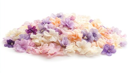 Pastel flower petals pile, white background, floral arrangement, design element