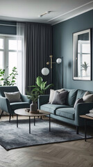 Fototapeta premium Inviting Scandinavian lounge featuring minimalist gray sofa clean modern design elements and wide windows that bring in natural light for a peaceful vibe Modern Interior Design Inspiration