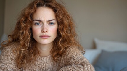 Pensive Young Woman with Curly Red Hair Sitting on the Edge of Her Bed in a Relaxed Cozy Bedroom Setting with Natural Lighting and a Thoughtful Introspective Expression