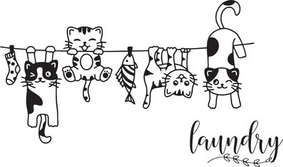 Funny Happy Cute Laundry Cats Line Clothes Decorative Room funny actions beautiful vector artwork vinyl laser cut vector poster acrylic t-shirt poster interior logo editable Wall Sticker decor mug pos