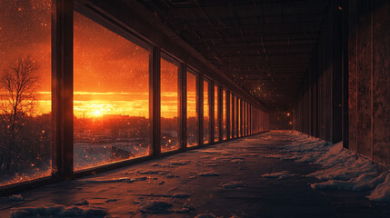 A mesmerizing sunset view from an abandoned building with large windows, snow-covered floors, and glowing embers in the air