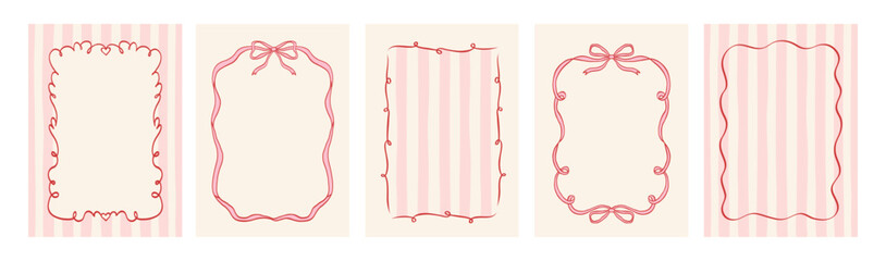 Set of vintage hand drawn frames with whimsical lines, bows, ribbons in coquette style. Vector elegant minimalist line art borders. Template for poster, banner, wedding invitation, birthday card.