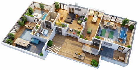 Naklejka premium Isometric 3D Rendering: Second Floor House Plan - Bedrooms, Bathrooms, Storage