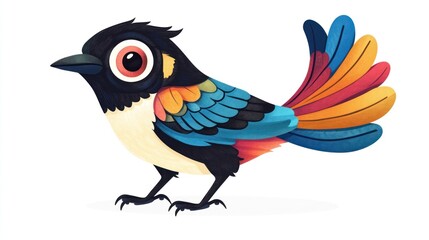 Colorful bird illustration, vibrant plumage, white background, children's book