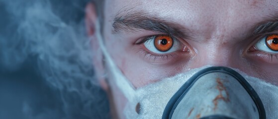Close-up of a man's face, with his eyes looking directly at the camera. he is wearing a gas mask that covers his nose and mouth. the mask is white and has a black filter attached to it.