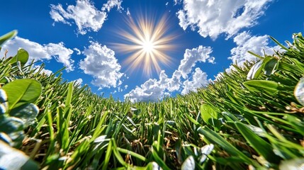 Fototapeta premium Sunny Day Lush Green Grass Blue Sky Cloudscape Nature