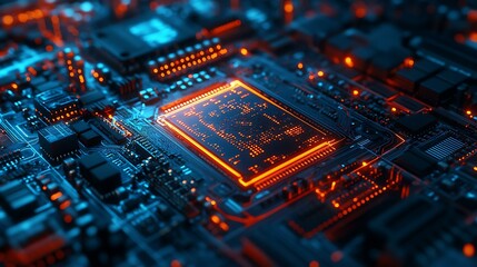 Obraz premium A hyper-detailed close-up of a high-performance microprocessor with illuminated data pathways.