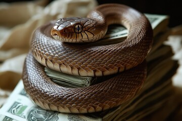 Fototapeta premium A snake is curled up on top of a pile of money