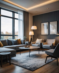 Modern minimalist Scandinavian lounge with neutral gray couch sleek design elements and expansive wide windows allowing natural light to flood the space Modern Interior Design Inspiration