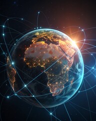 Earth with network glows against dark space backdrop, representing global connectivity and future.