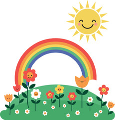 Happy sun and rainbow over blooming flowers in flat vector art