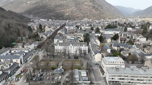 Drone video of the town of Bagneres de Luchon, France Pyrenees 6