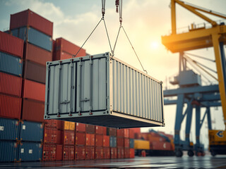 Fototapeta premium Shipping Container Being Lifted by Crane at a Busy Port Terminal