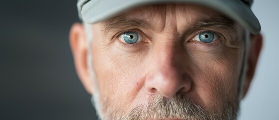 Obraz premium Close-up portrait of a middle-aged man's face. he is wearing a white baseball cap and has a serious expression on his face. his eyes are blue and his eyebrows are furrowed.