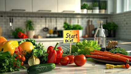 Colorful vegetables, fruits, and water are arranged invitingly in a kitchen, encouraging a fresh start to healthy eating