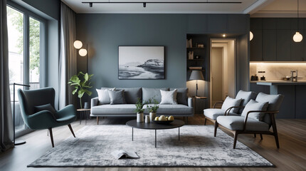 Fototapeta premium Peaceful Scandinavian lounge with gray neutral sofa minimalist design elements and wide windows providing ample natural light and openness Modern Interior Design Inspiration