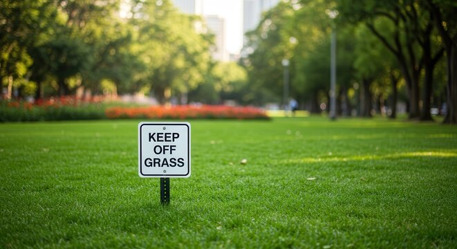 Keep Off Grass Sign in Park with City Skyline Backdrop