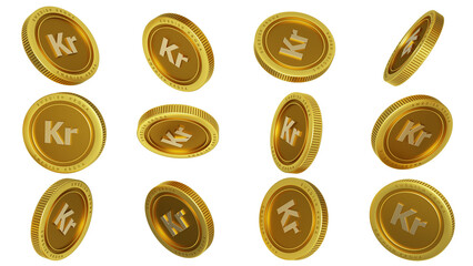 3D rendering of set of abstract golden Swedish krona coins concept in different angles. krona sign on golden coin isolated over  transparent background